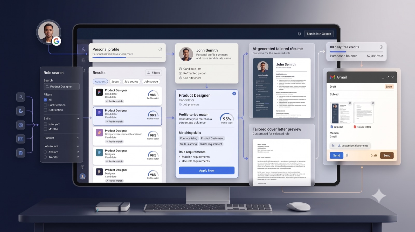 Illustration of the platform workflow: a job seeker signing in with Google, an aggregated job list with profile-match percentages, an AI generation step producing a tailored résumé, cover letter and email, and a Gmail draft the user reviews before sending.