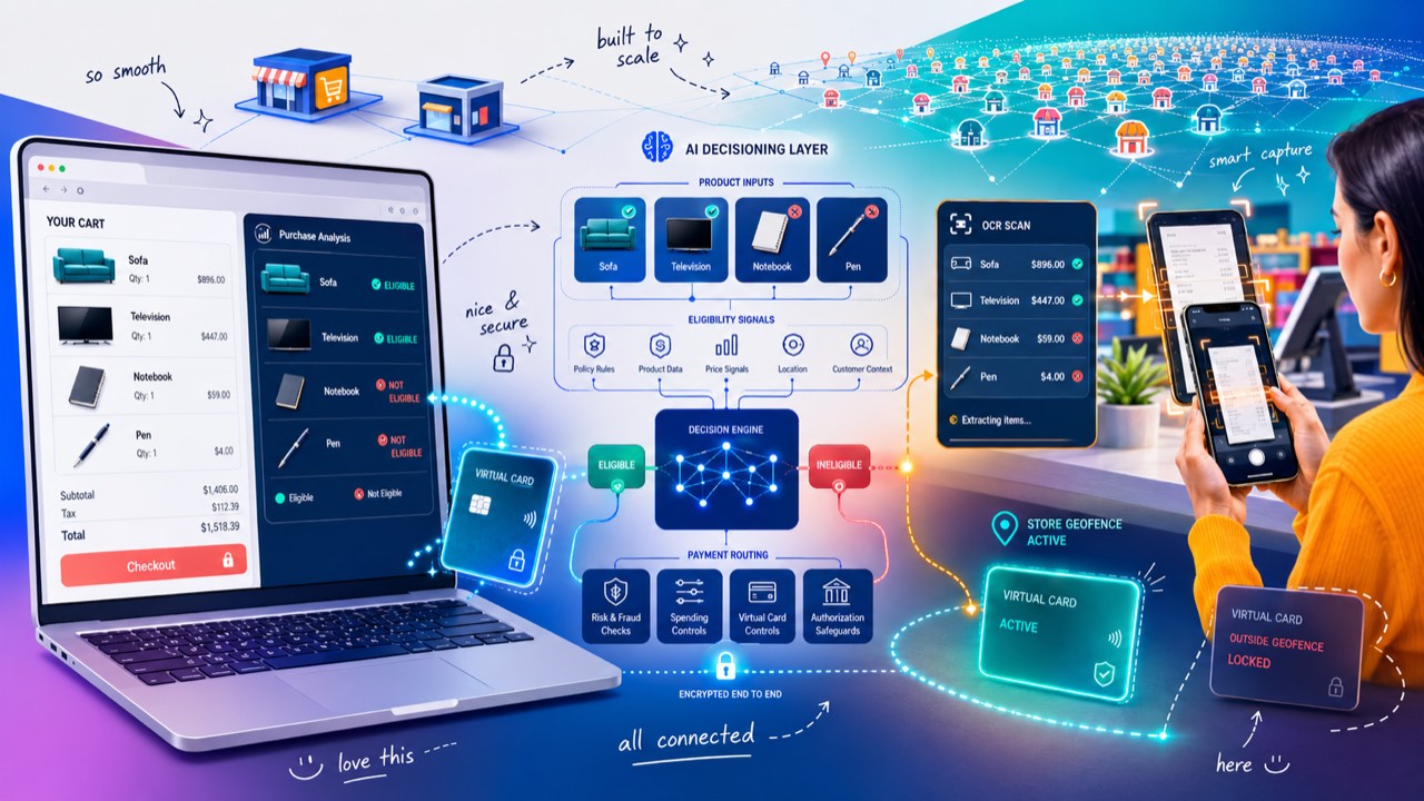 Illustration of the BNPL platform: a laptop cart with per-item eligibility analysis, the AI decisioning layer classifying products, in-store receipt OCR on a phone, and geofenced virtual cards that lock outside the store.